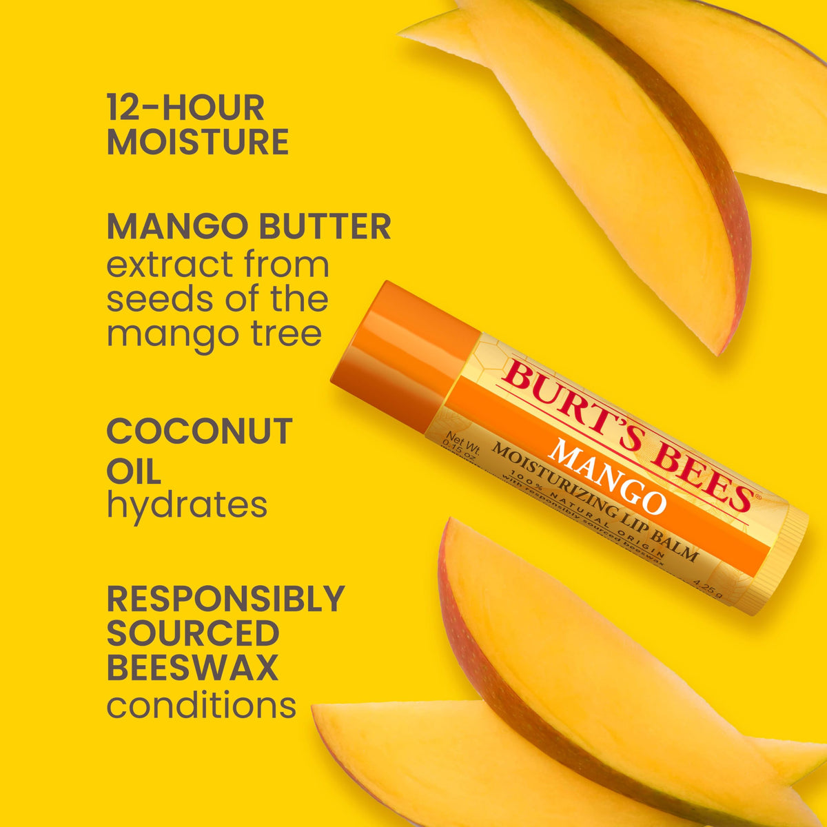 Burt's Bees four tubes fanned out to show flavors and easy portability benefit