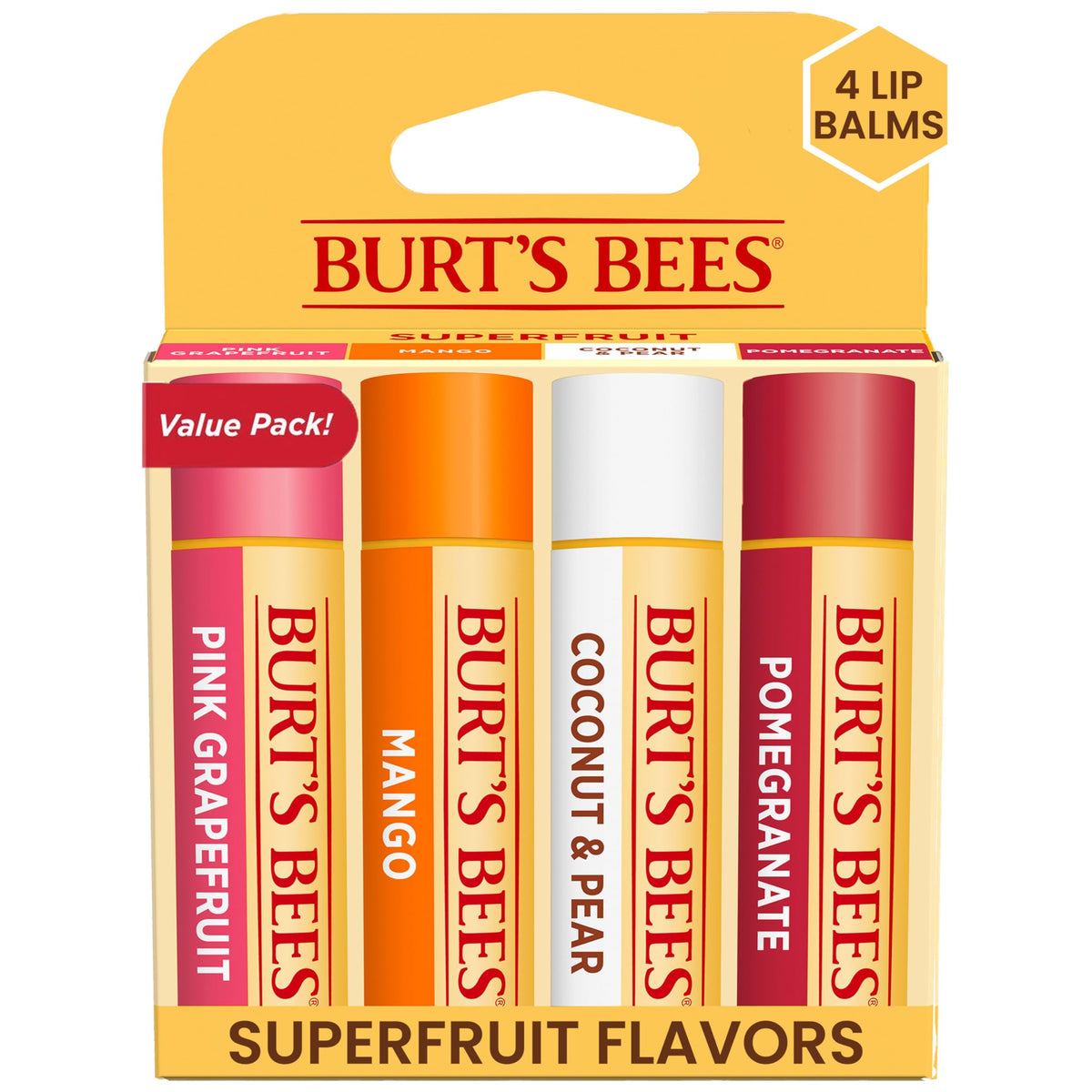 Burt's Bees front pack showing four superfruit lip balms for convenient hydration