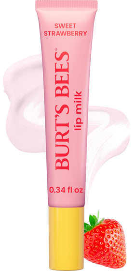 Burt's Bees front tube showing sweet strawberry lip milk benefits