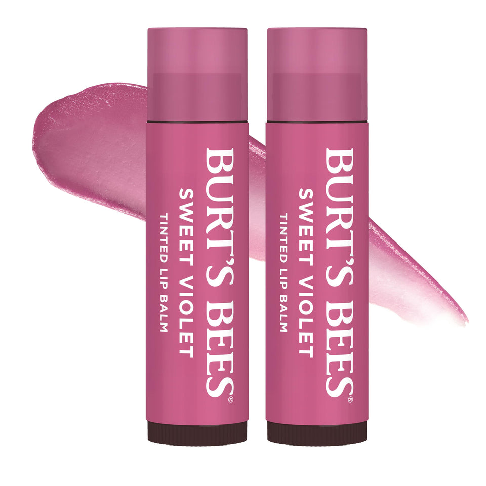 Burt's Bees front packaging showing Sweet Violet pack of two and benefits