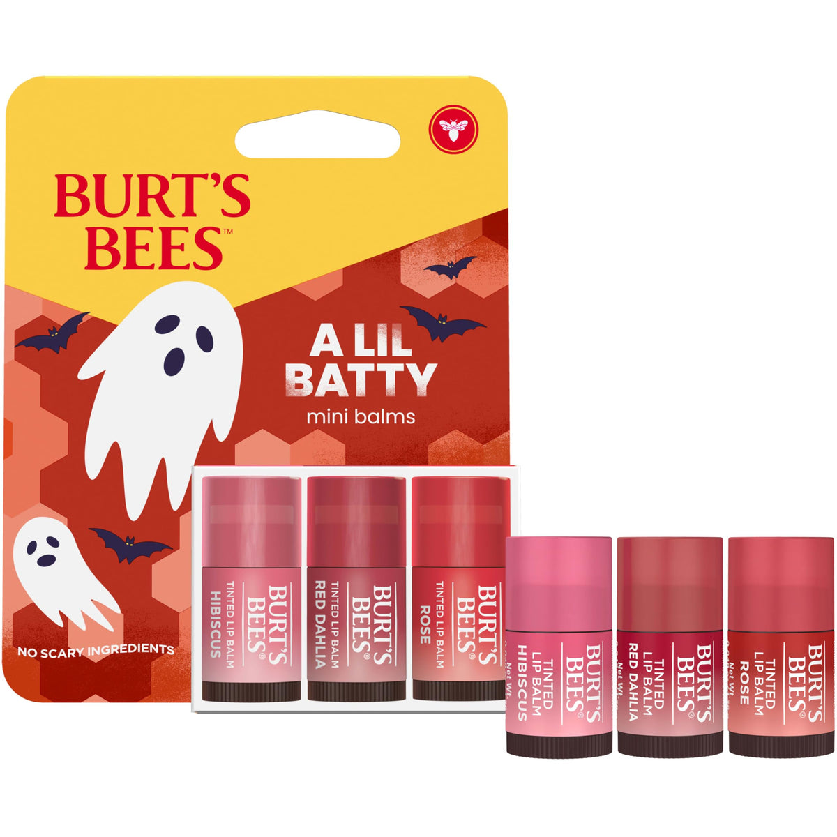 Burt's Bees three tubes arranged flatlay to show Hibiscus, Red Dahlia and Rose shades clearly