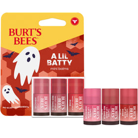 Burt's Bees three tubes arranged flatlay to show Hibiscus, Red Dahlia and Rose shades clearly