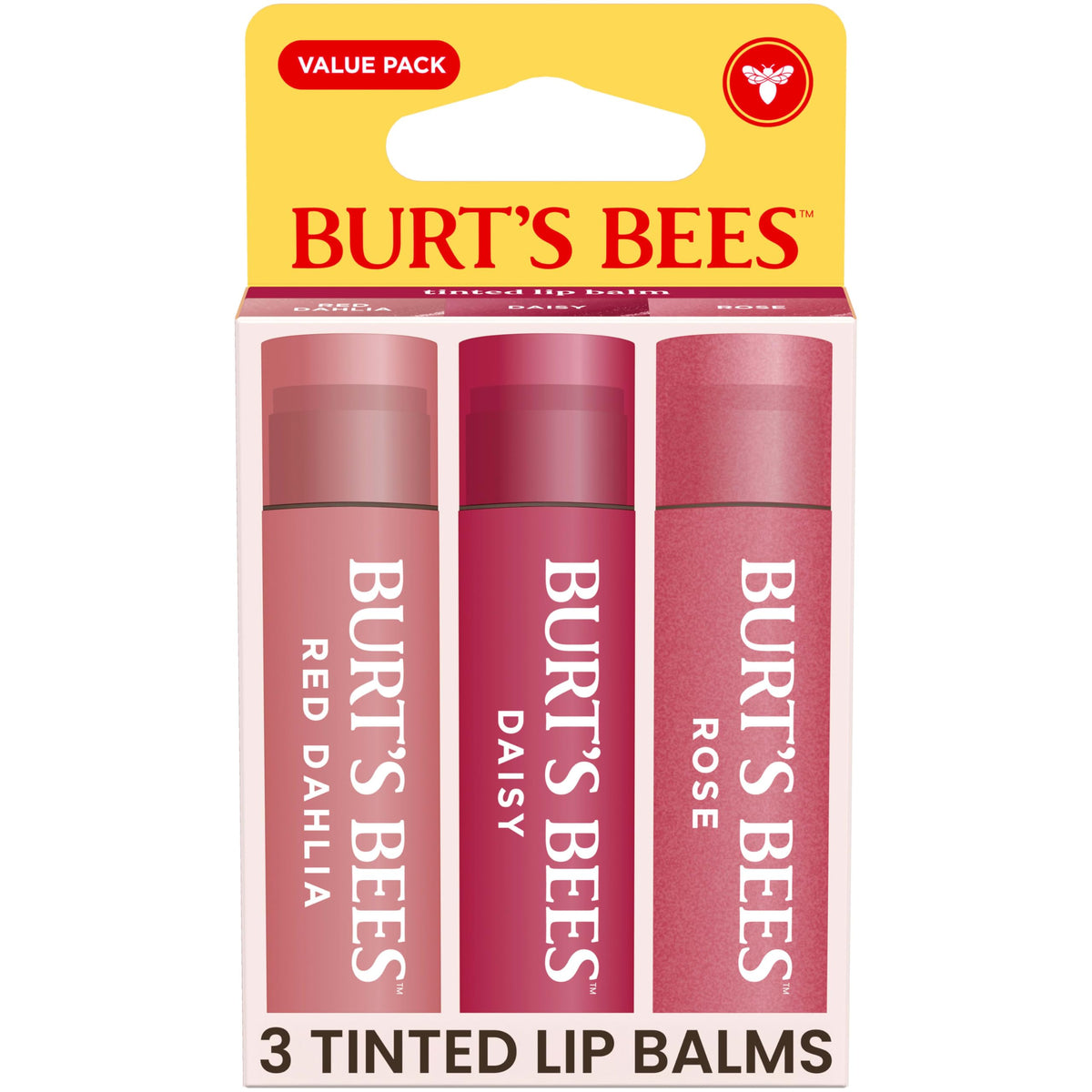 Burt's Bees three-pack front packaging showing all shades and benefits