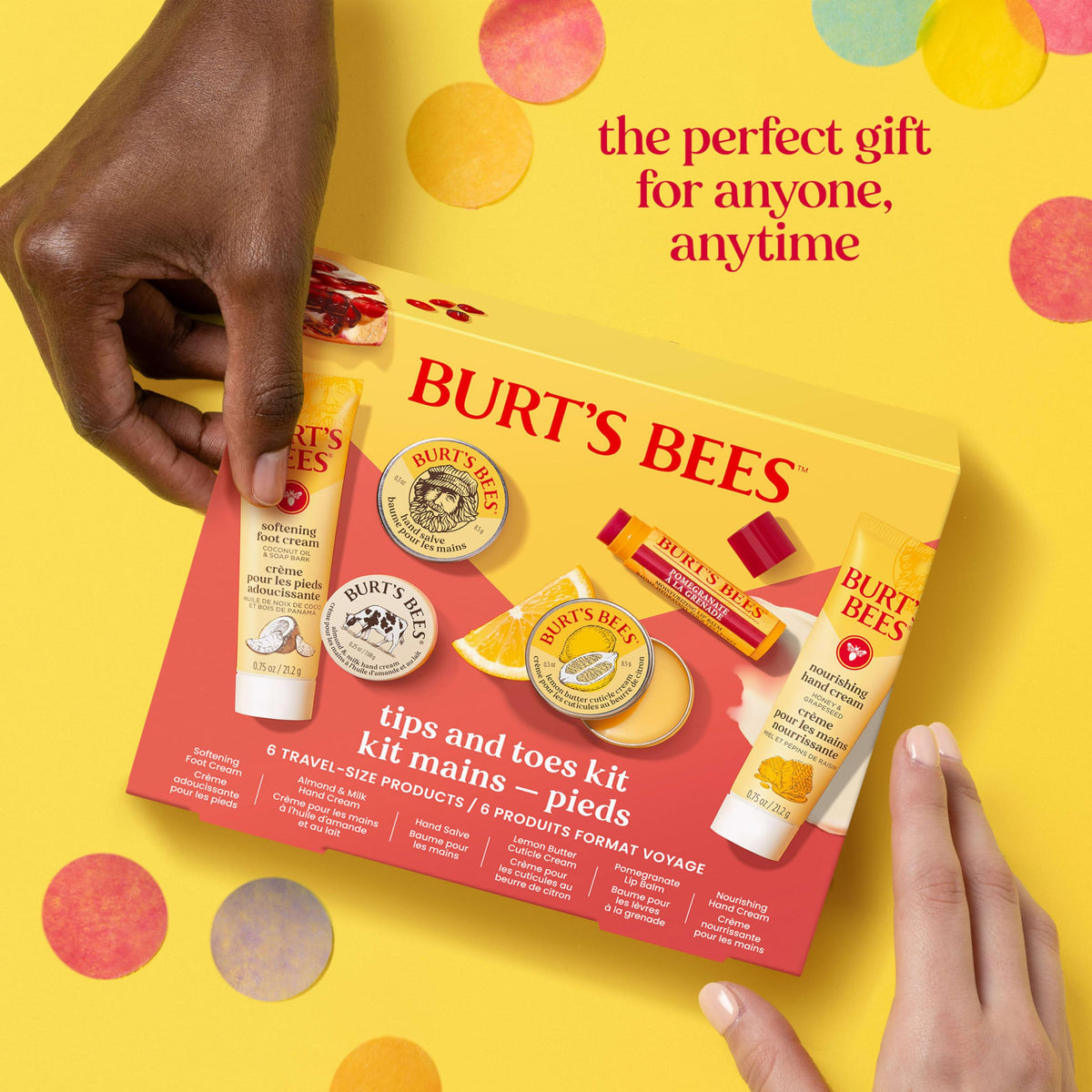 Burt's Bees travel-ready layout in a purse and toiletry bag, convenient for trips