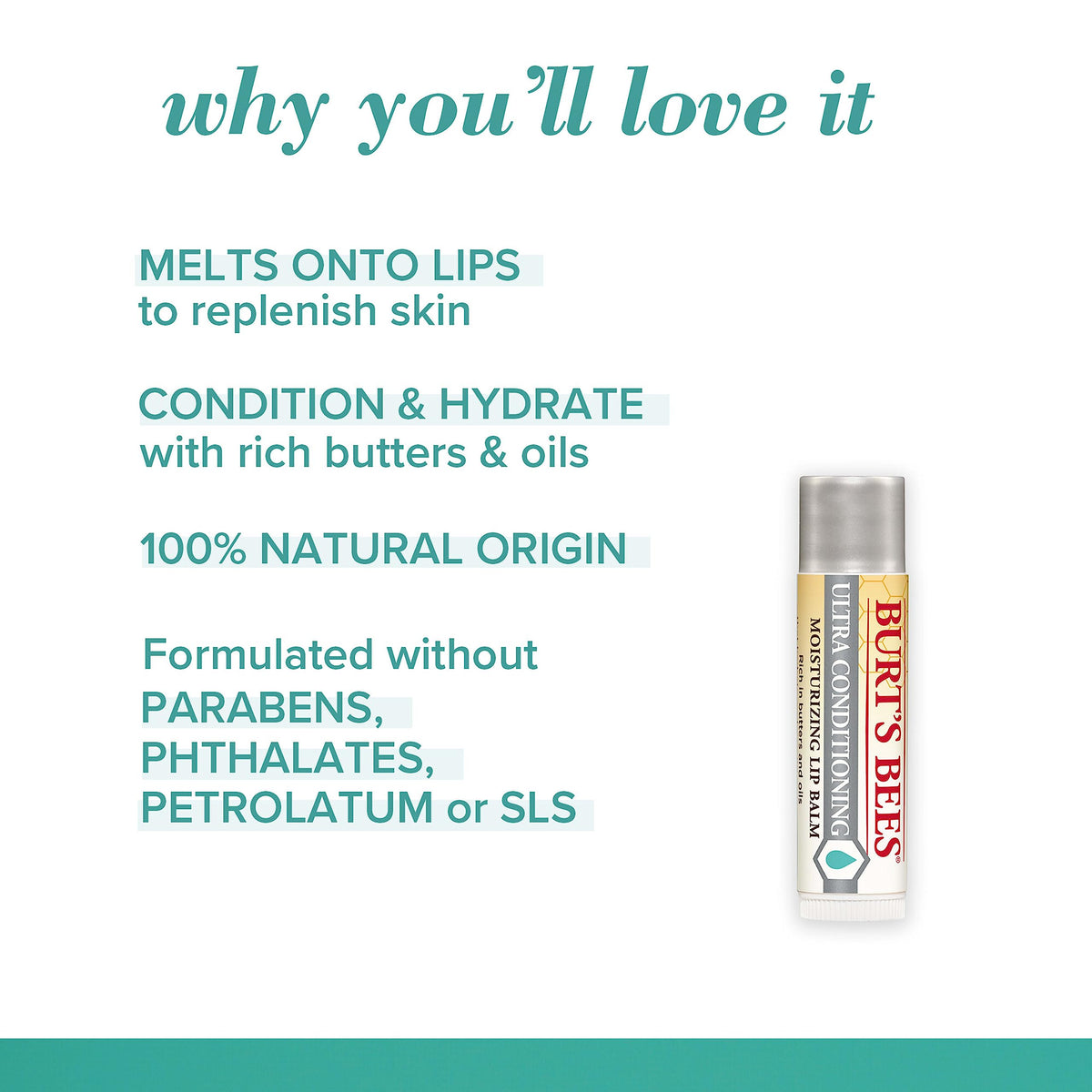 Burt's Bees tube closed with readable label and easy-grip cap benefit