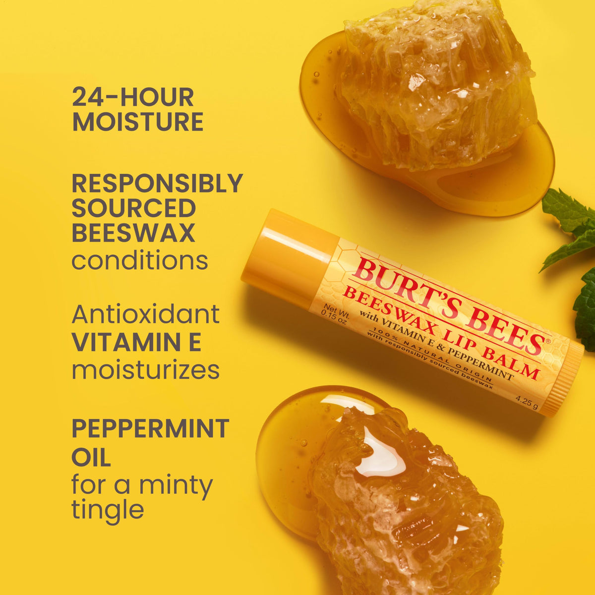 Burt's Bees close-up of twist-up tube highlighting easy application benefit