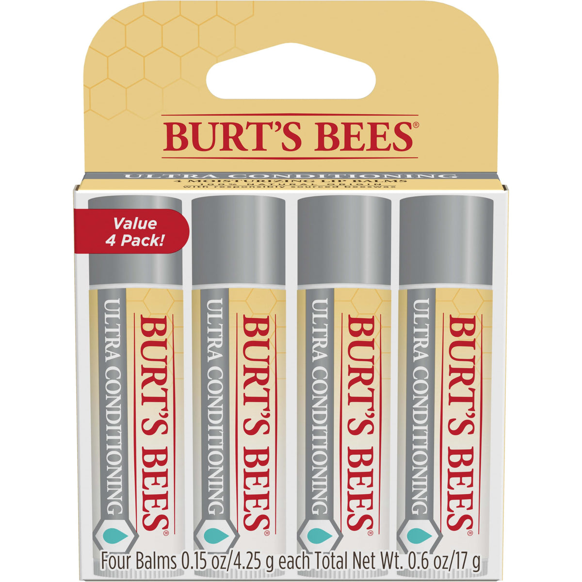 Burt's Bees front packaging showing four tubes and natural ingredients benefit