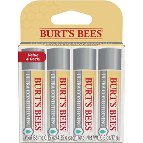 Burt's Bees front packaging showing four tubes and natural ingredients benefit