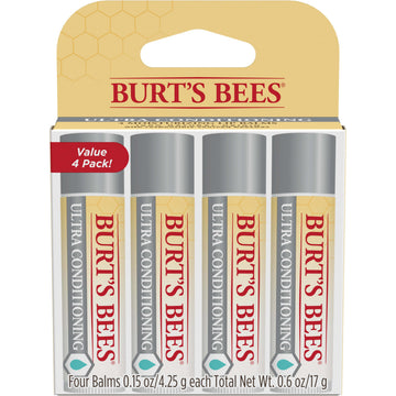 Burt's Bees front packaging showing four tubes and natural ingredients benefit