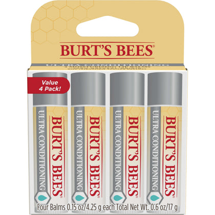 Burt's Bees front packaging showing four tubes and natural ingredients benefit