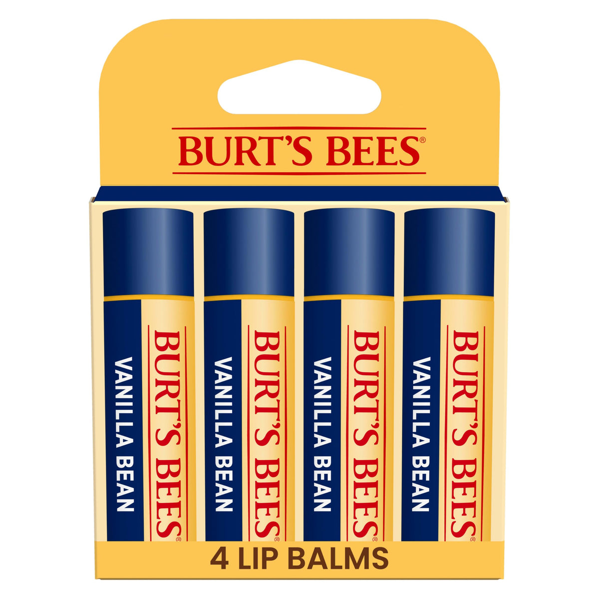 Burt's Bees front packaging showing four tubes and vanilla scent benefit