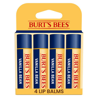 Burt's Bees front packaging showing four tubes and vanilla scent benefit