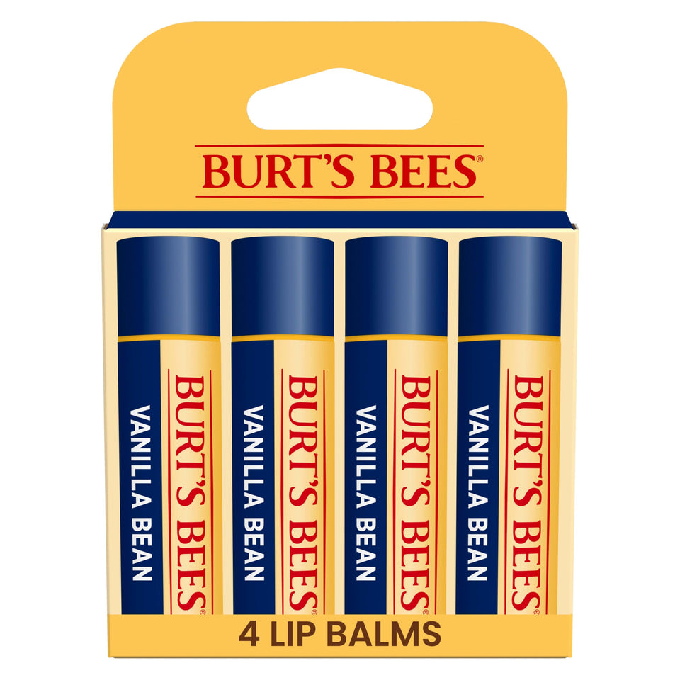 Burt's Bees front packaging showing four tubes and vanilla scent benefit