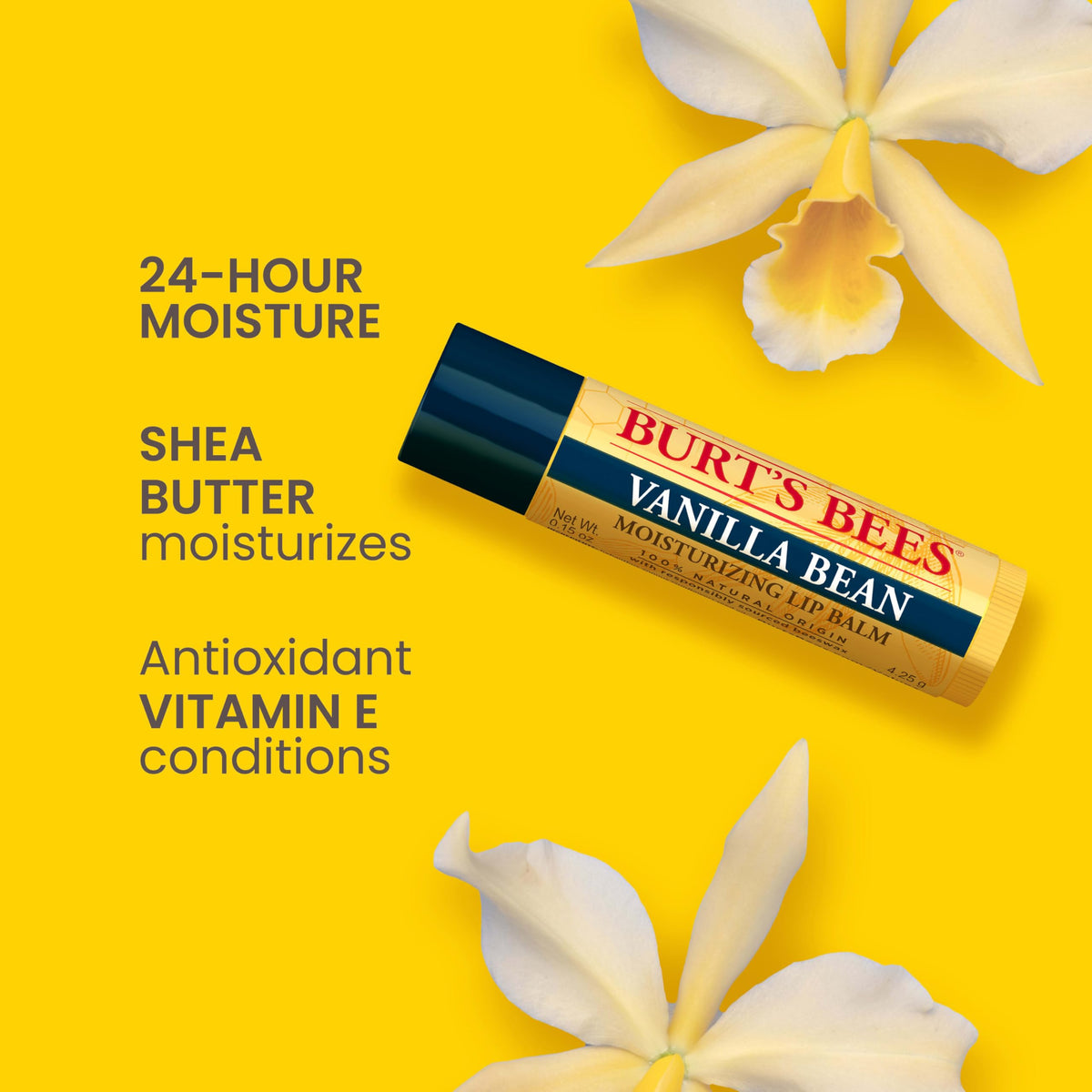Burt's Bees single tube angled to show label and easy application benefit