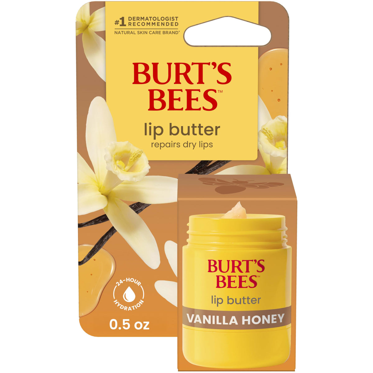 Burt's Bees front packaging showing vanilla honey lip butter and benefits