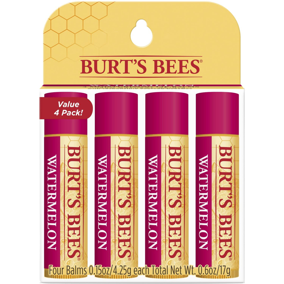 Burt's Bees front packaging shows watermelon scent and four tubes for convenient hydration