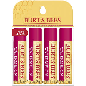 Burt's Bees front packaging shows watermelon scent and four tubes for convenient hydration