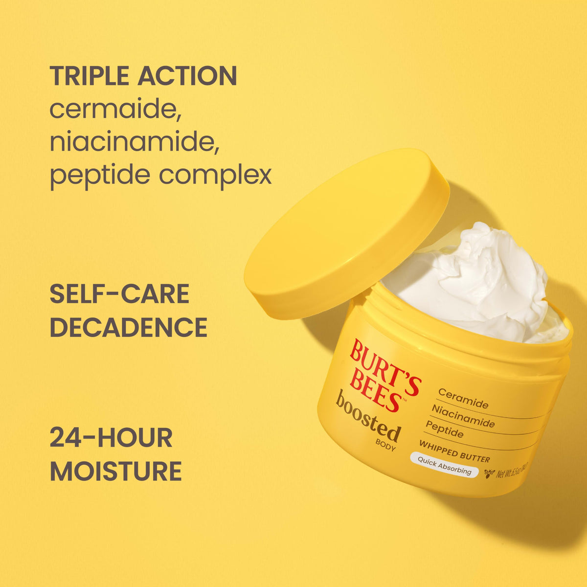 Burt's Bees whipped butter texture close-up showing quick absorption benefit