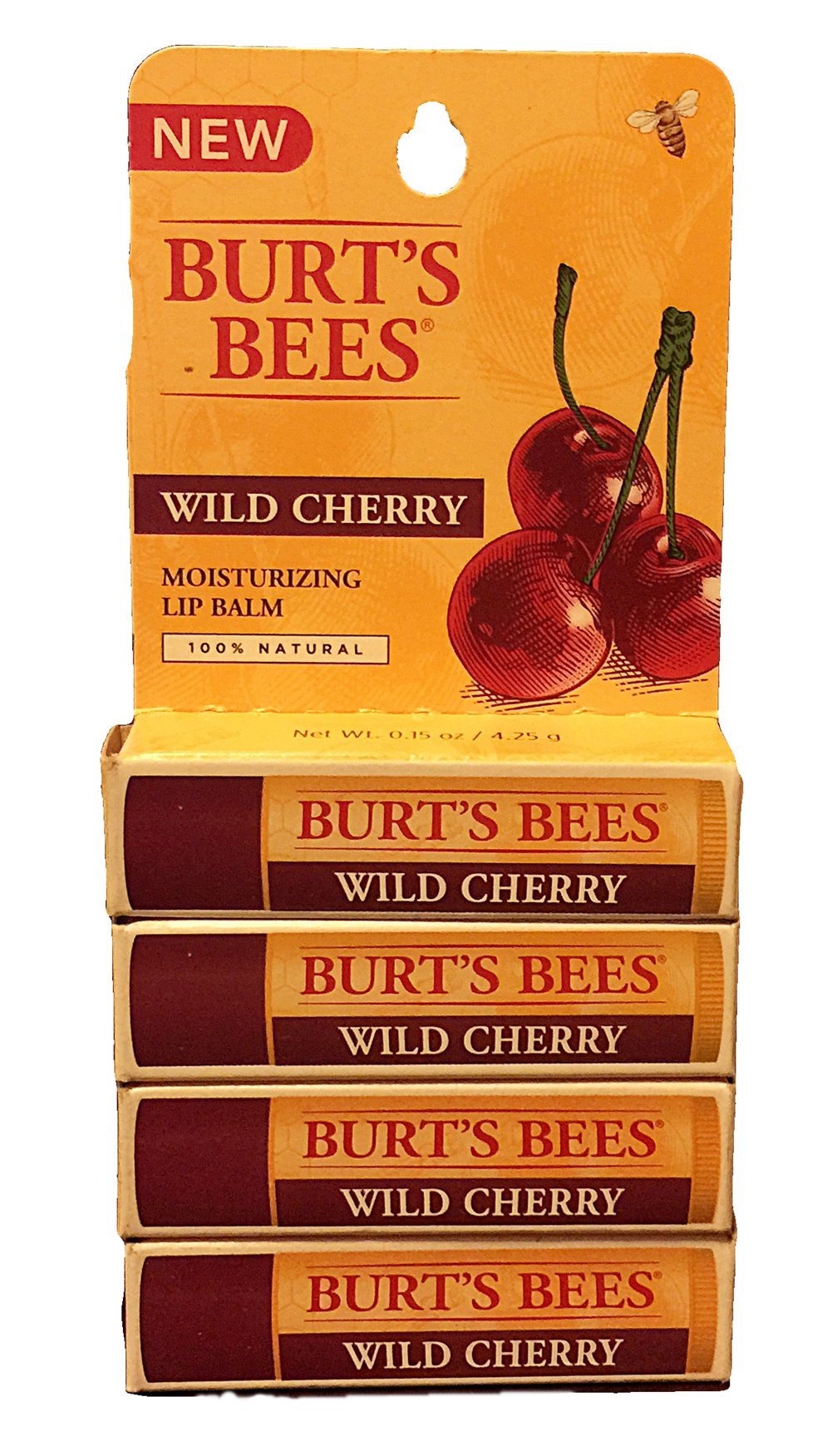 Burt's Bees front packaging showing four cherry lip balms for easy replacement