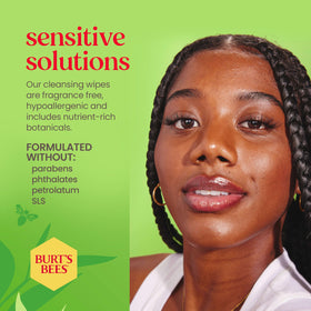 Burt's Bees wipe in hand removing makeup demonstrating easy, gentle cleansing