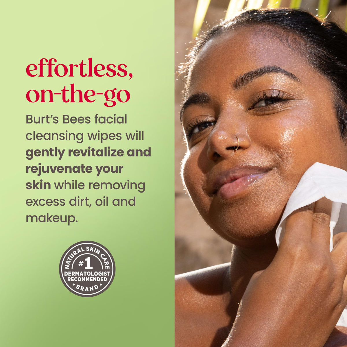 Burt's Bees wipe removing makeup from cheek demonstrating effective cleanup