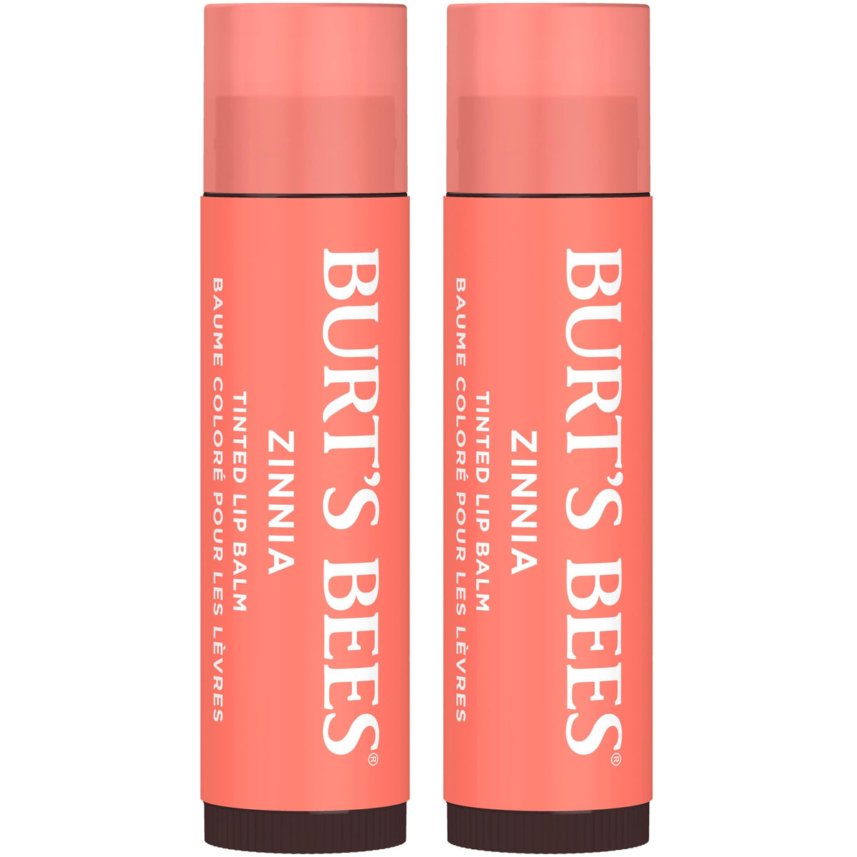 Burt's Bees front packaging showing Zinnia tint and recyclable carton benefits