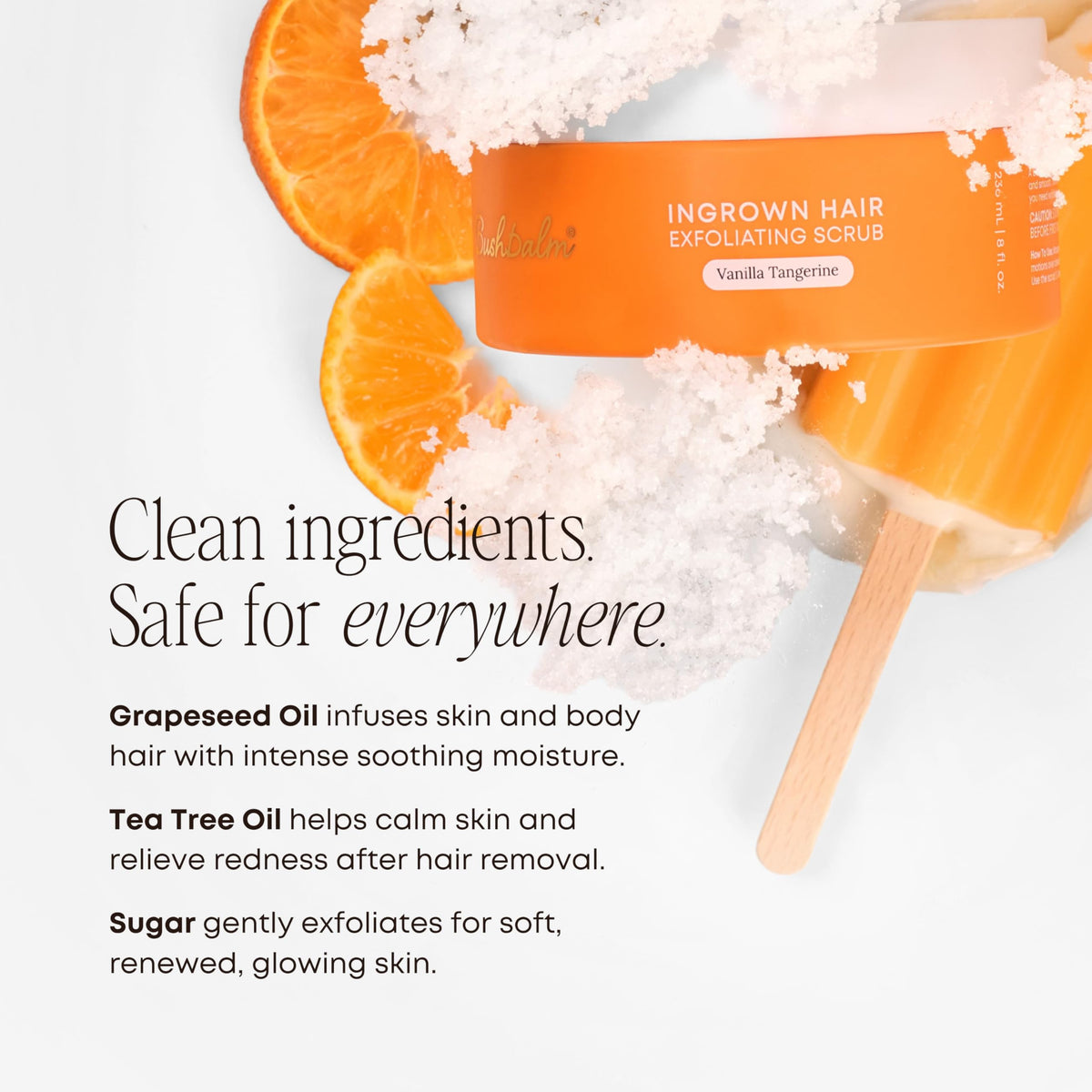 Applying Bushbalm scrub on leg in shower to reduce ingrown hairs and hydrate skin