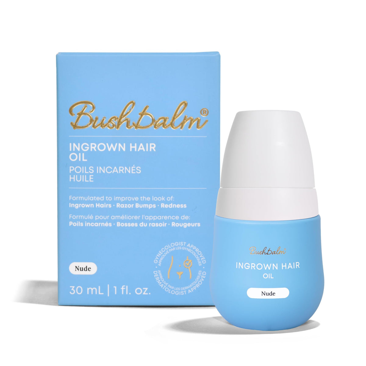 Bushbalm front bottle view showing Nude ingrown hair oil and clear labeling