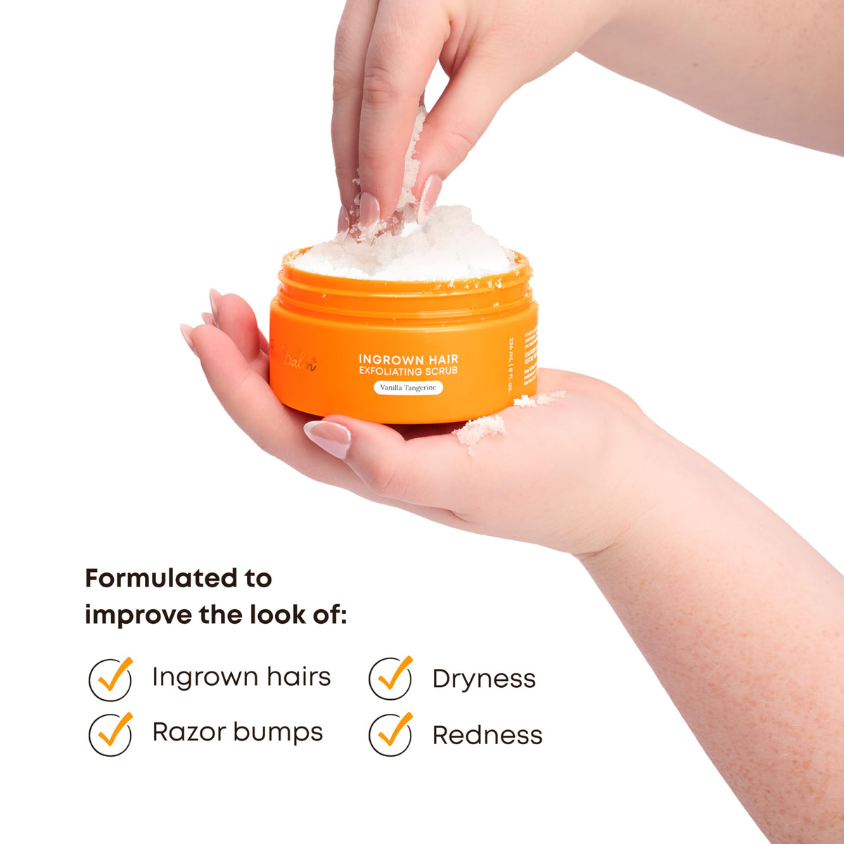 Bushbalm scrub texture close-up highlighting sugar grains and oil blend for gentle exfoliation