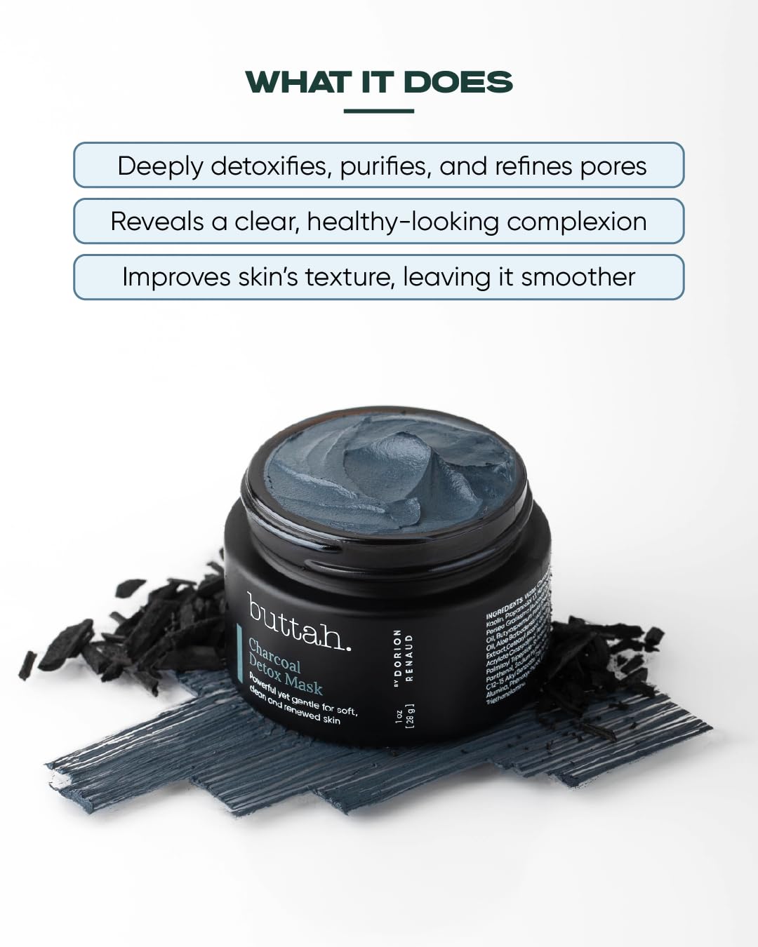buttah applying charcoal mask to face demonstrating gentle detoxifying action