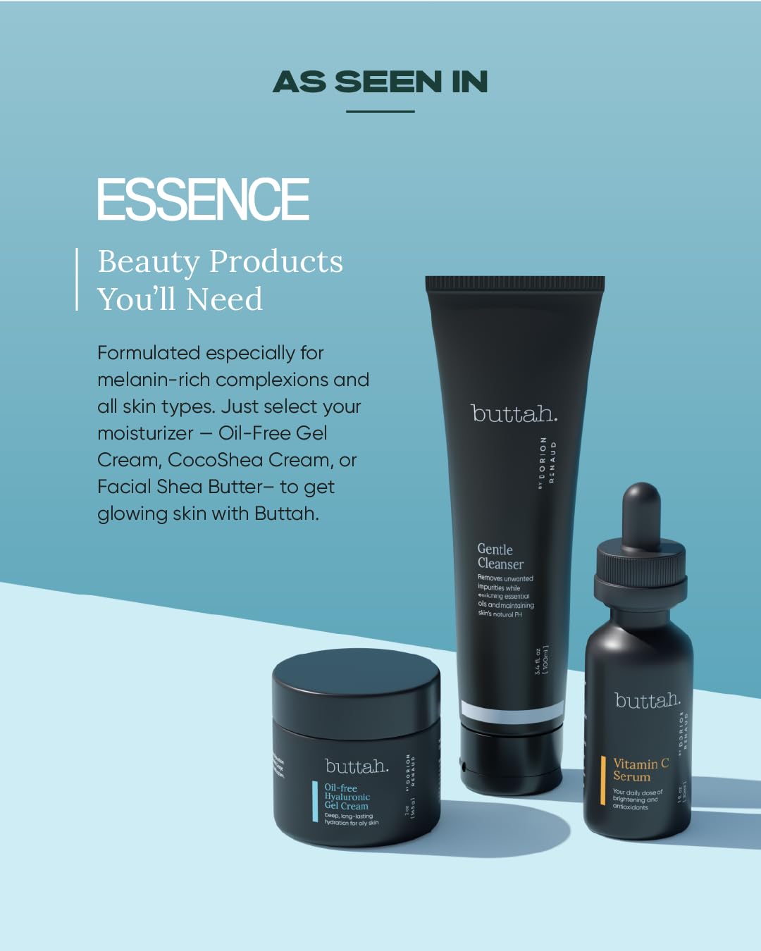 buttah. product on bathroom shelf in lifestyle scene showing everyday use and balanced skin benefit