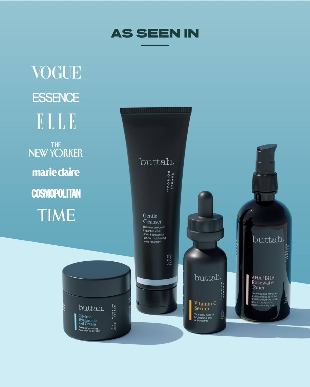 buttah kit displayed in bathroom during morning routine for balanced melanin-rich skin