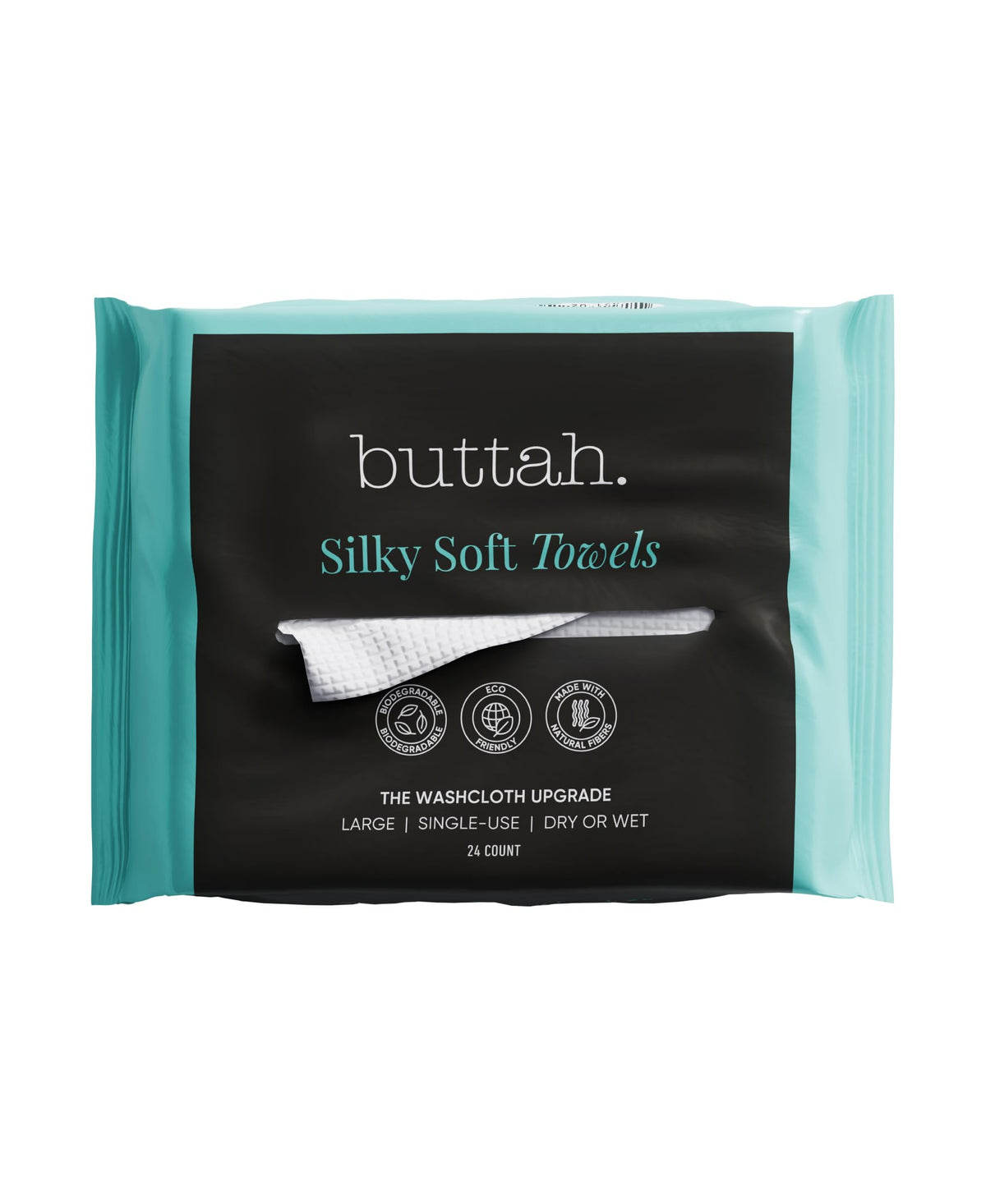 buttah front packaging showing 24-count towels and clear branding for easy storage