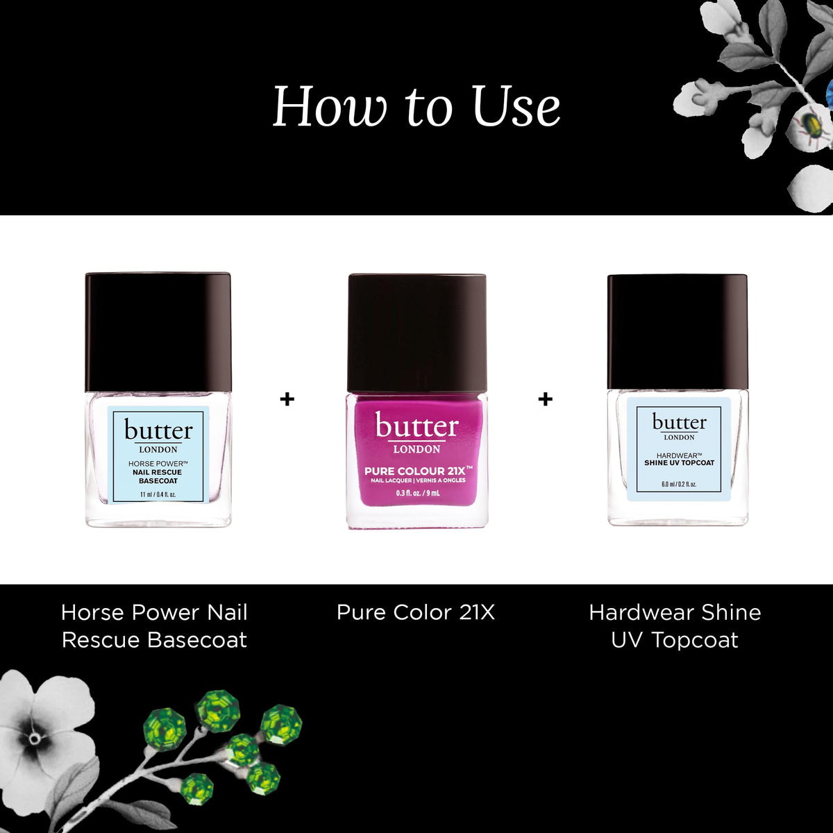 butter LONDON lacquer with brush and topcoat showing easy-application benefit