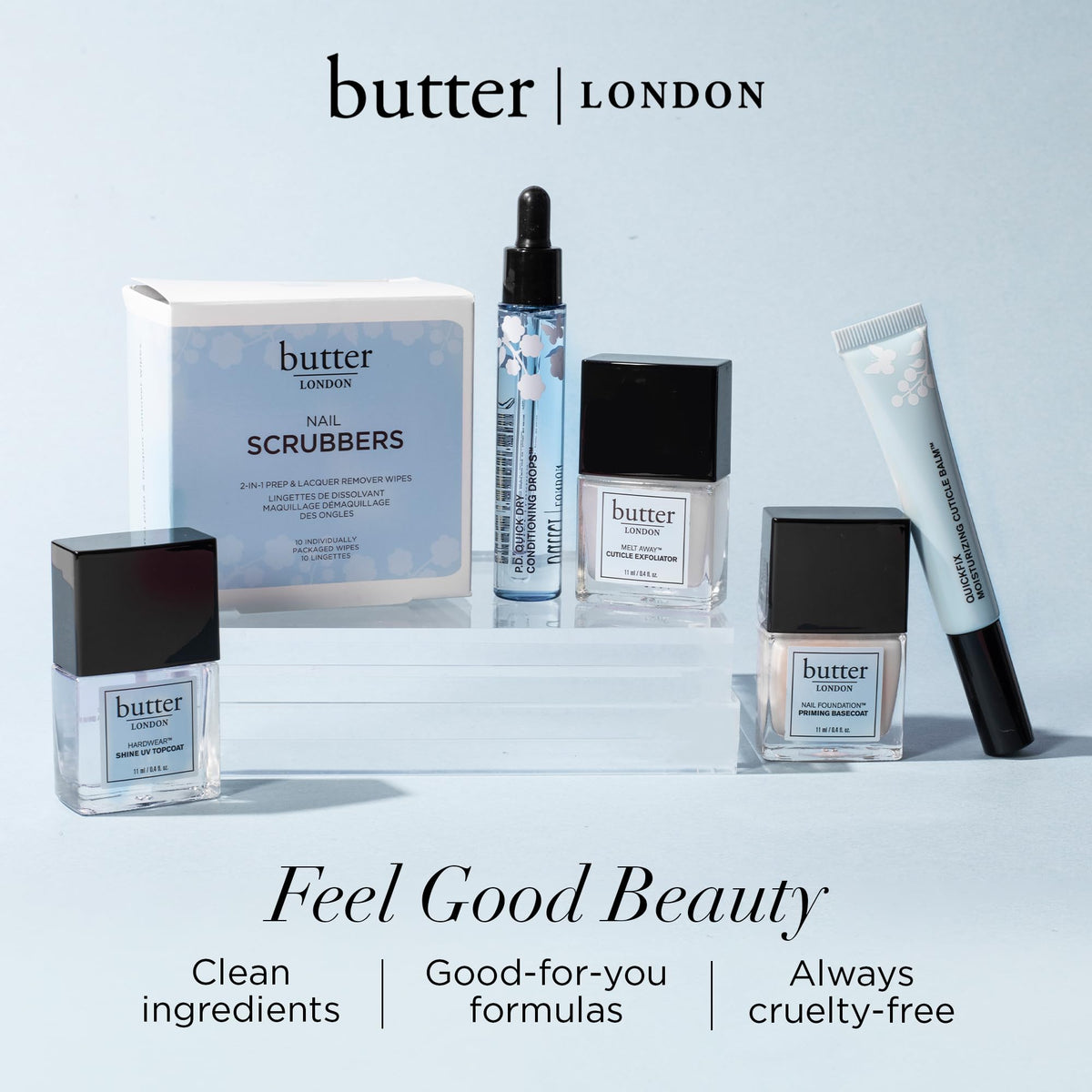 butter LONDON on vanity next to tools showing easy touch-ups and on-the-go care