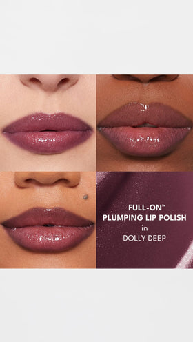 Model wearing Buxom AH Dolly Deep showing fuller-looking lips