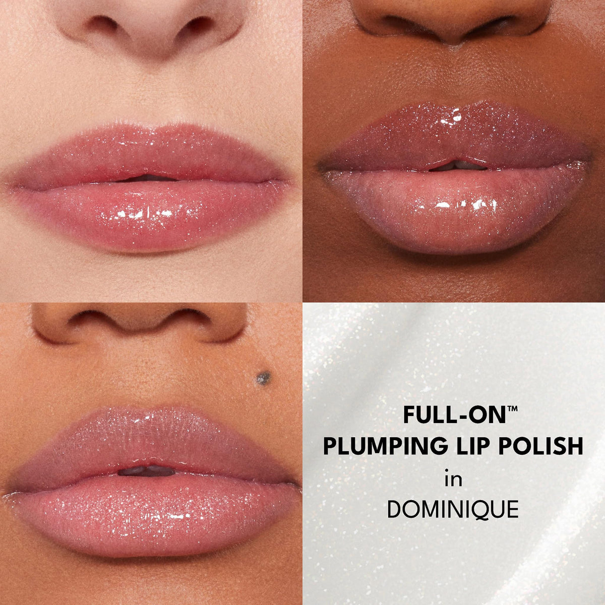 BUXOM Dominique lip swatch closeup demonstrating shimmer and plumping effect