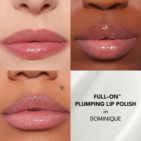 BUXOM Dominique lip swatch closeup demonstrating shimmer and plumping effect