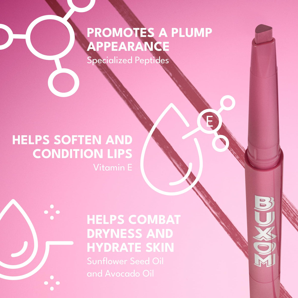 BUXOM lip lined before and after displaying fuller-looking pout benefit