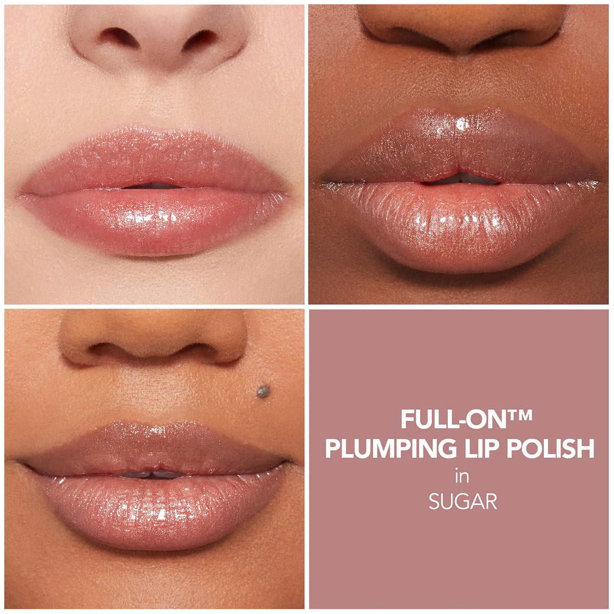 BUXOM texture swatch of gloss on white showing shimmer and non-sticky finish