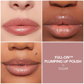 BUXOM texture swatch of gloss on white showing shimmer and non-sticky finish