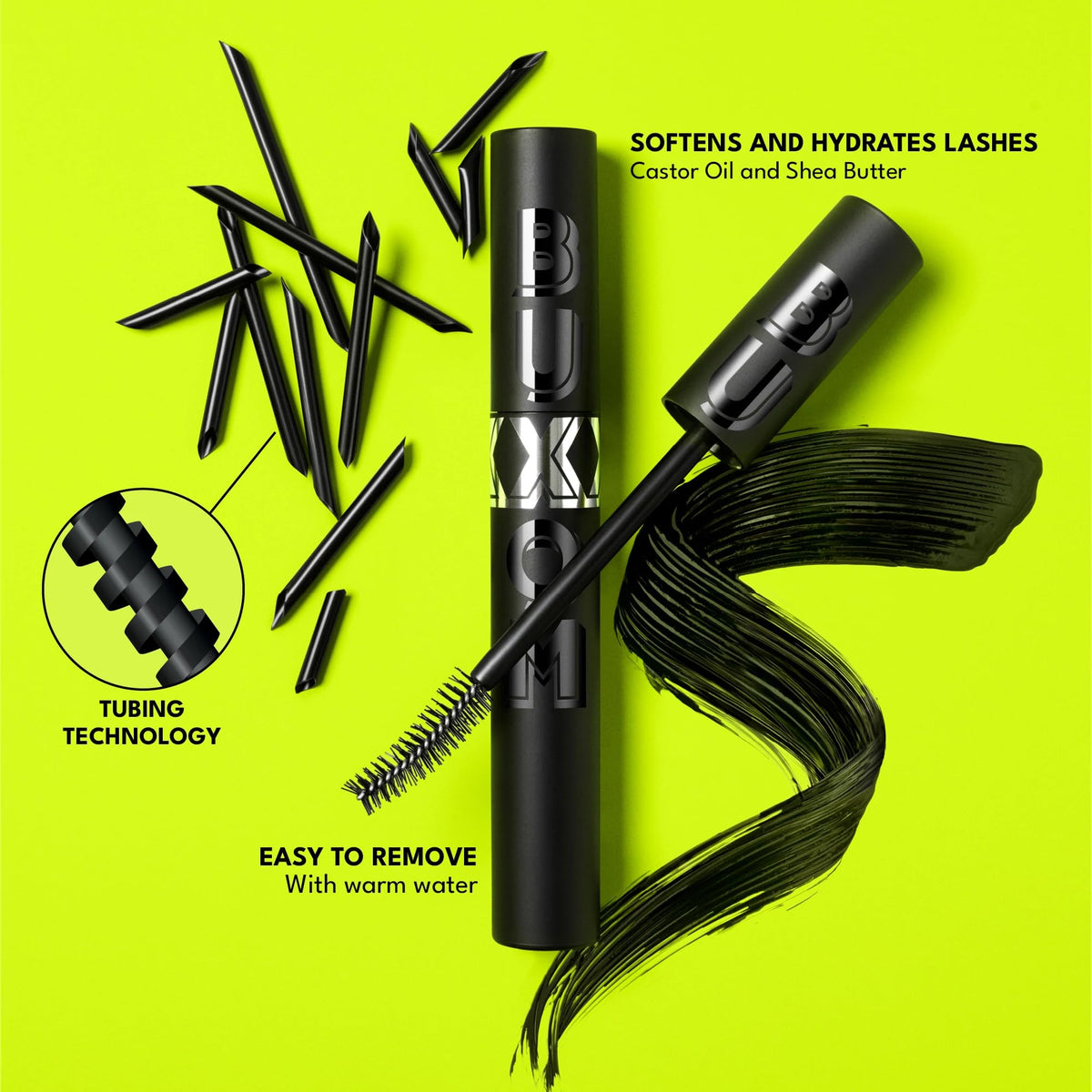 Buxom before-and-after lashes display dramatic length and fanned volume