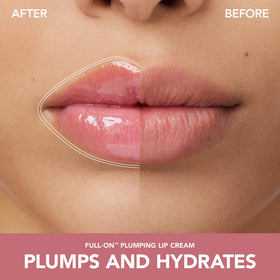 Buxom on lips in use demonstrating fuller-looking, high-shine result