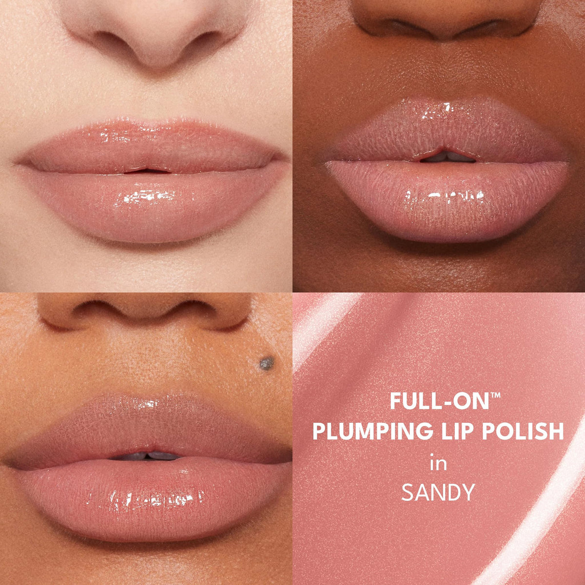 BUXOM texture swipe of Sandy gloss showing shimmer and glossy finish