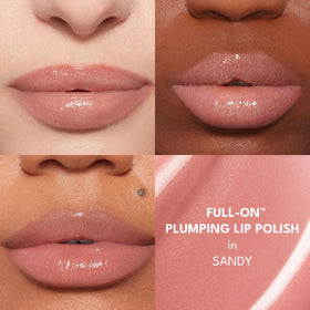 BUXOM texture swipe of Sandy gloss showing shimmer and glossy finish
