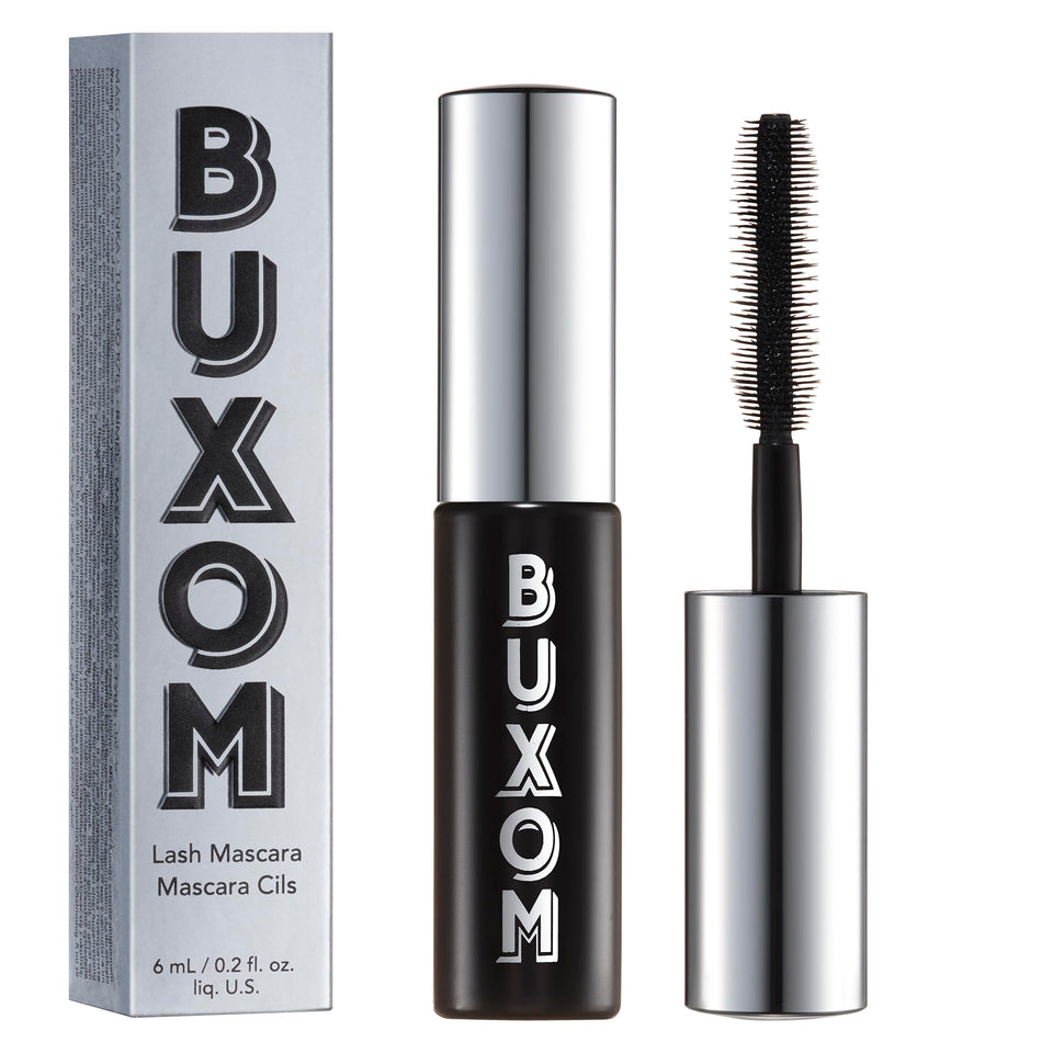 Buxom travel-size tube front showing compact packaging and bold black color
