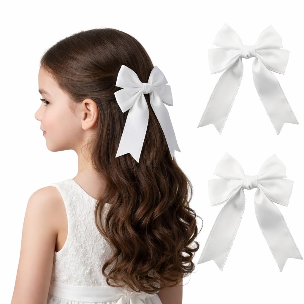 BuyaCraft front view of two white ribbon hair bows showing neat loops and tails, elegant finish