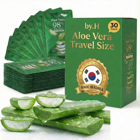 by.H front display of travel-size aloe packets showing compact convenience