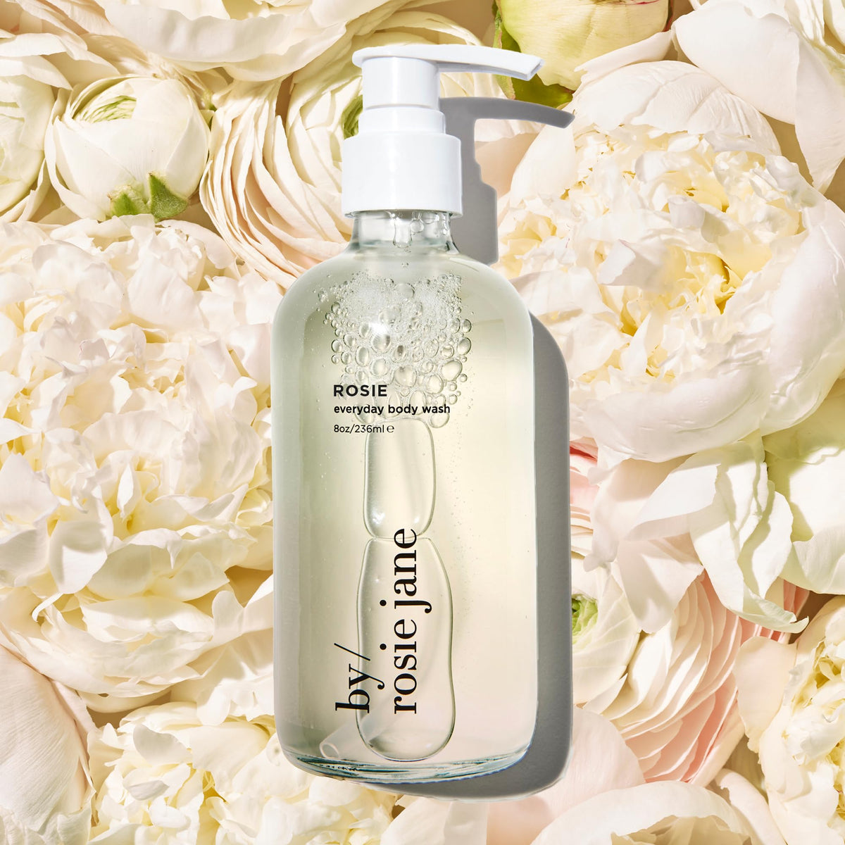 By Rosie Jane bottle in modern bathroom scene suggesting a calming shower routine