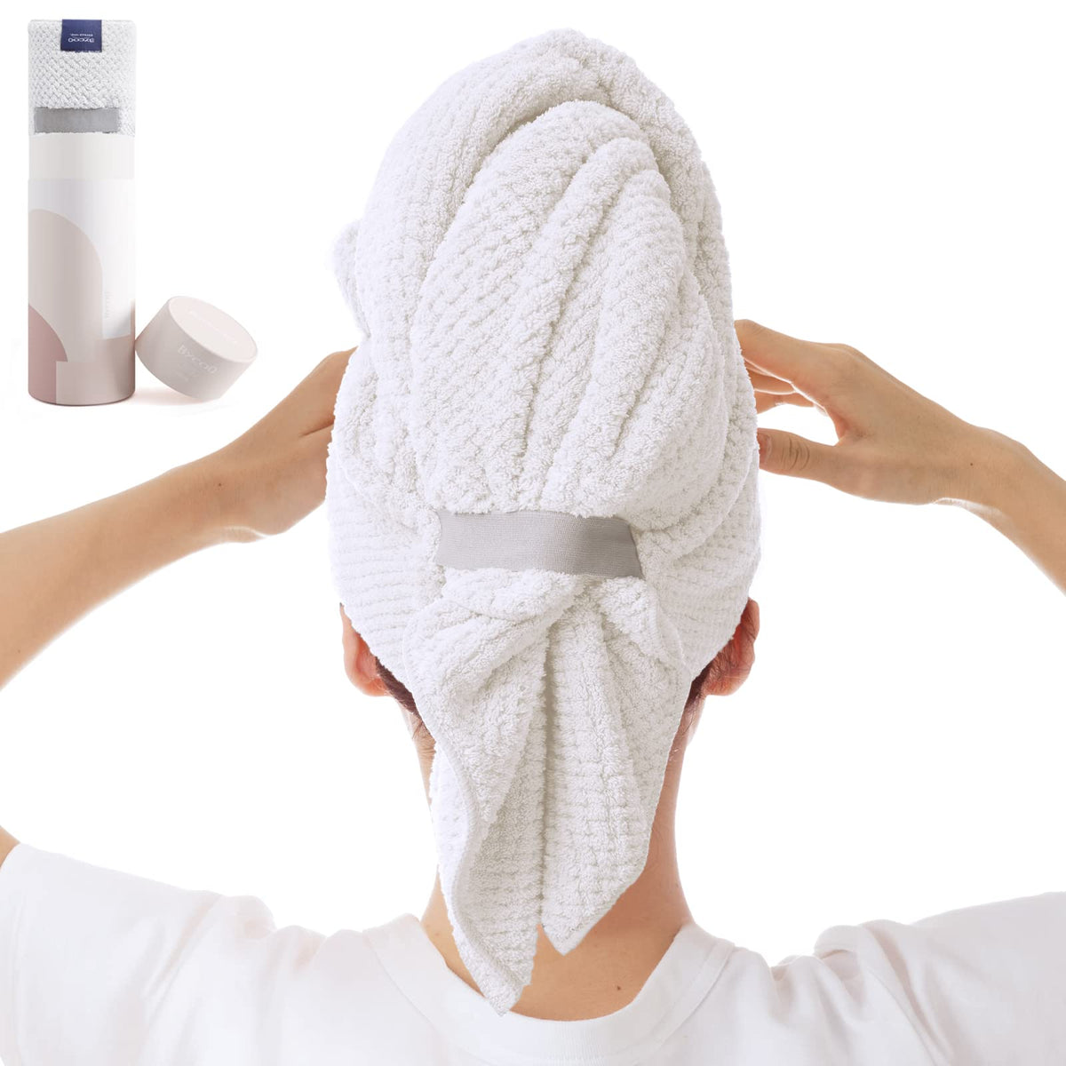 BYCOO large hair towel front view showing full turban and coverage benefit